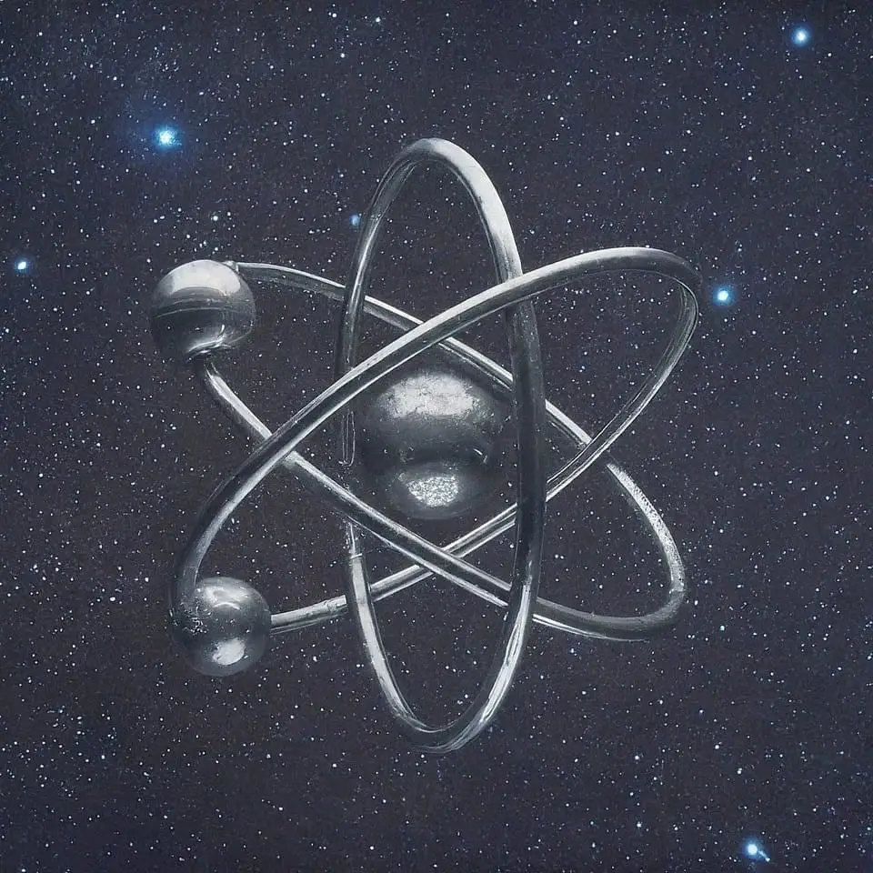 A metallic model of an atom against a field of stars